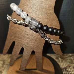 Men's Natural Stone Bracelet w/Stainless Steel Chain Closure